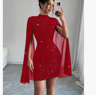 Vestido Elegante con Perlas y Manga Capa para Mujer – Envío Gratis
