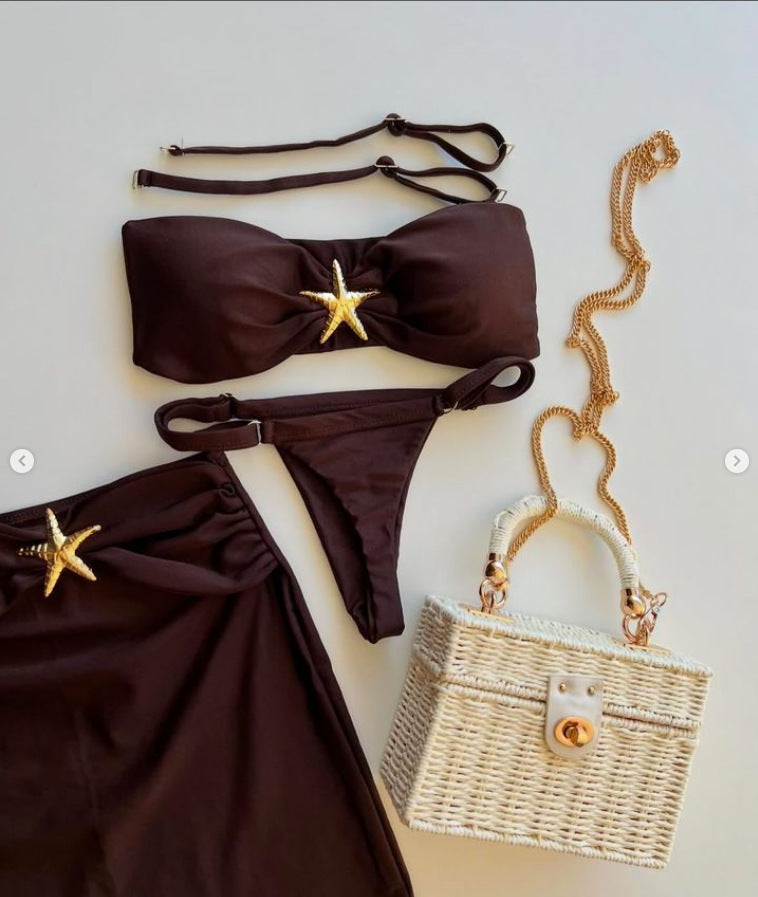 Conjunto de camiseta de tres piezas 2025 nuevo bikini sexy de color sólido con biquinio dividido transfronterizo en un bañador