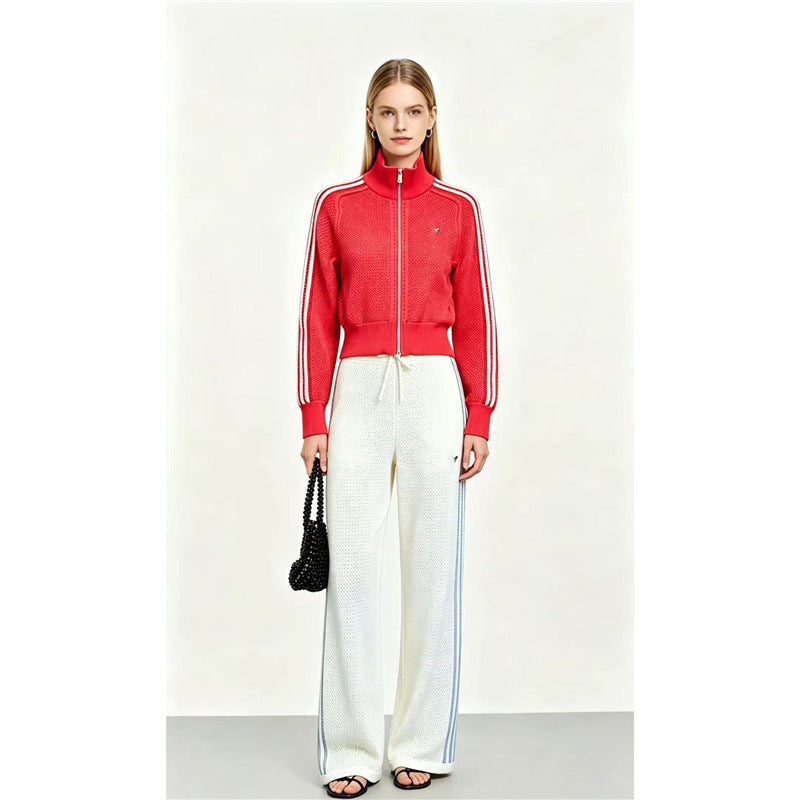 Completo donna in maglia traforata, maglietta a maniche lunghe e pantaloni, due pezzi