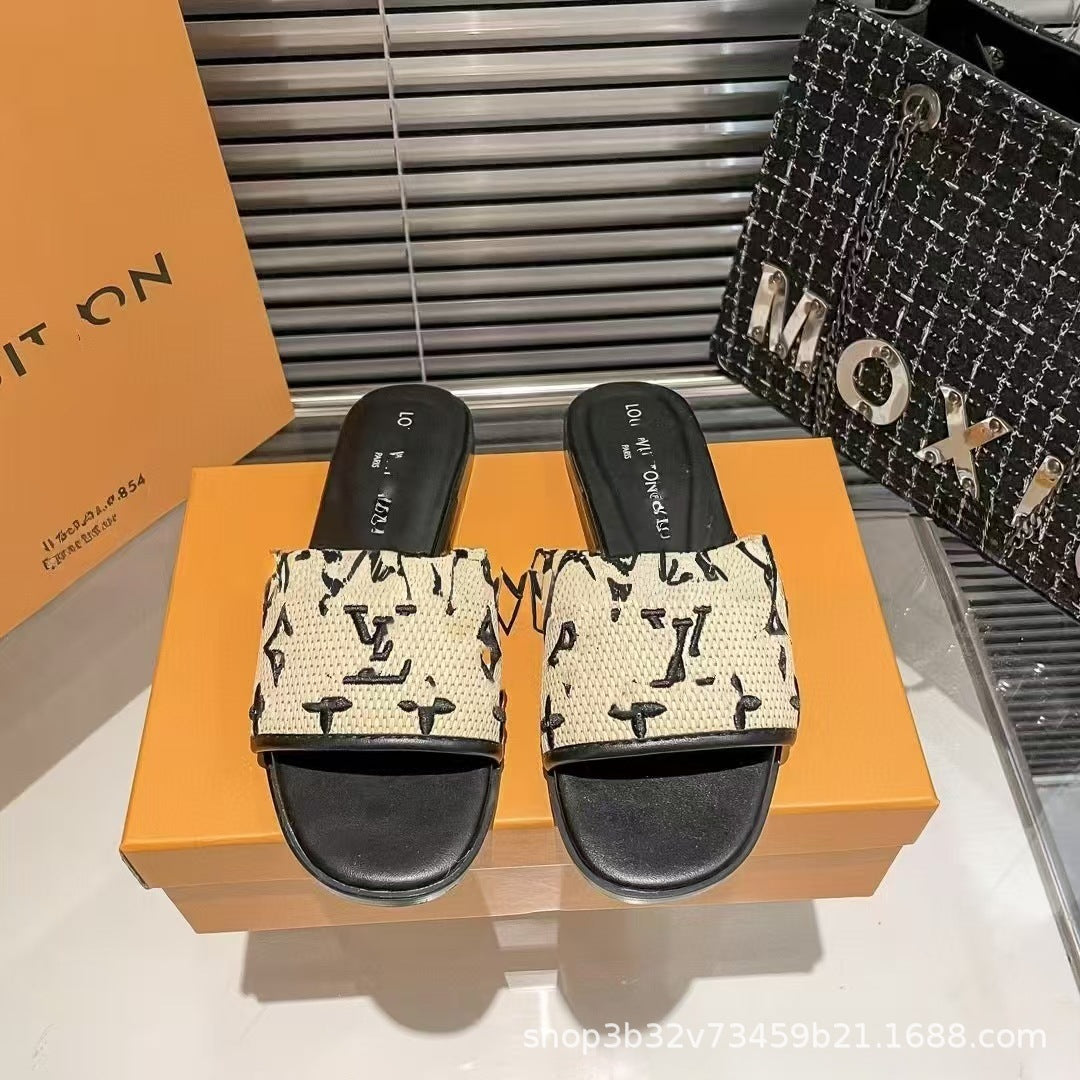 Sandalias Planas Mujer Logo LV | Tela Jacquard Suela Goma Playa