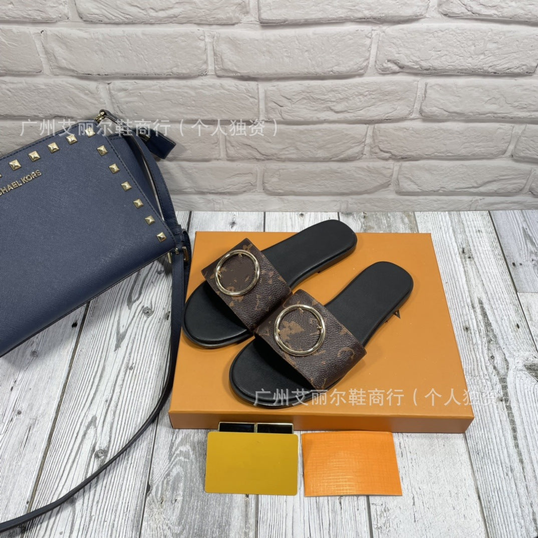 Exclusivo para el comercio exterior, zapatillas de marca L, monogramas de alta calidad, letras con hebilla de goma, zapatos de mujer, zapatillas planas al por mayor