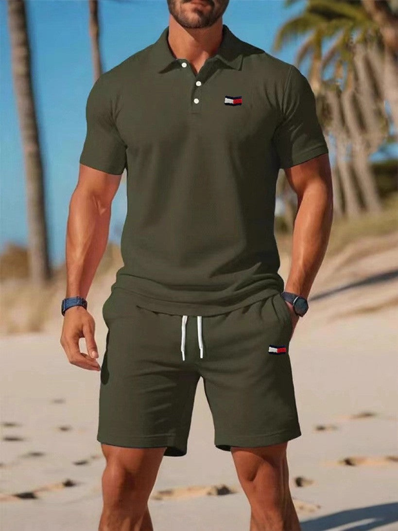 Conjunto casual fino de hombre con estampado Tommy de verano transfronterizo, camiseta corta de manga corta, conjunto de moda informal para hombre