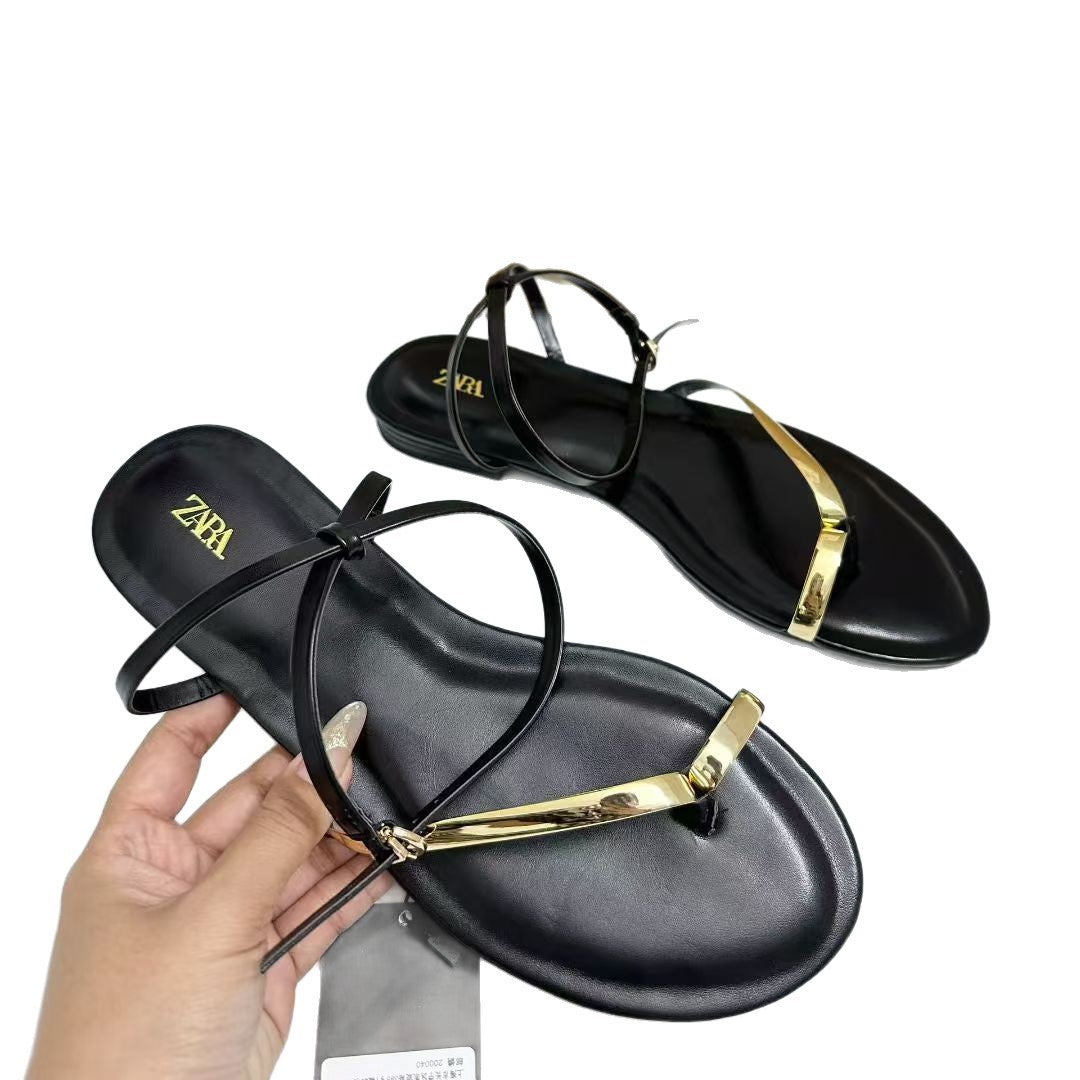 ZA2025 Zapatillas Nuevas de Otoño para Mujer Europeas y Americanas: Sandalias Tacones Planos Tacones Metálicos Negros con Tiras Metálicas con Cordones