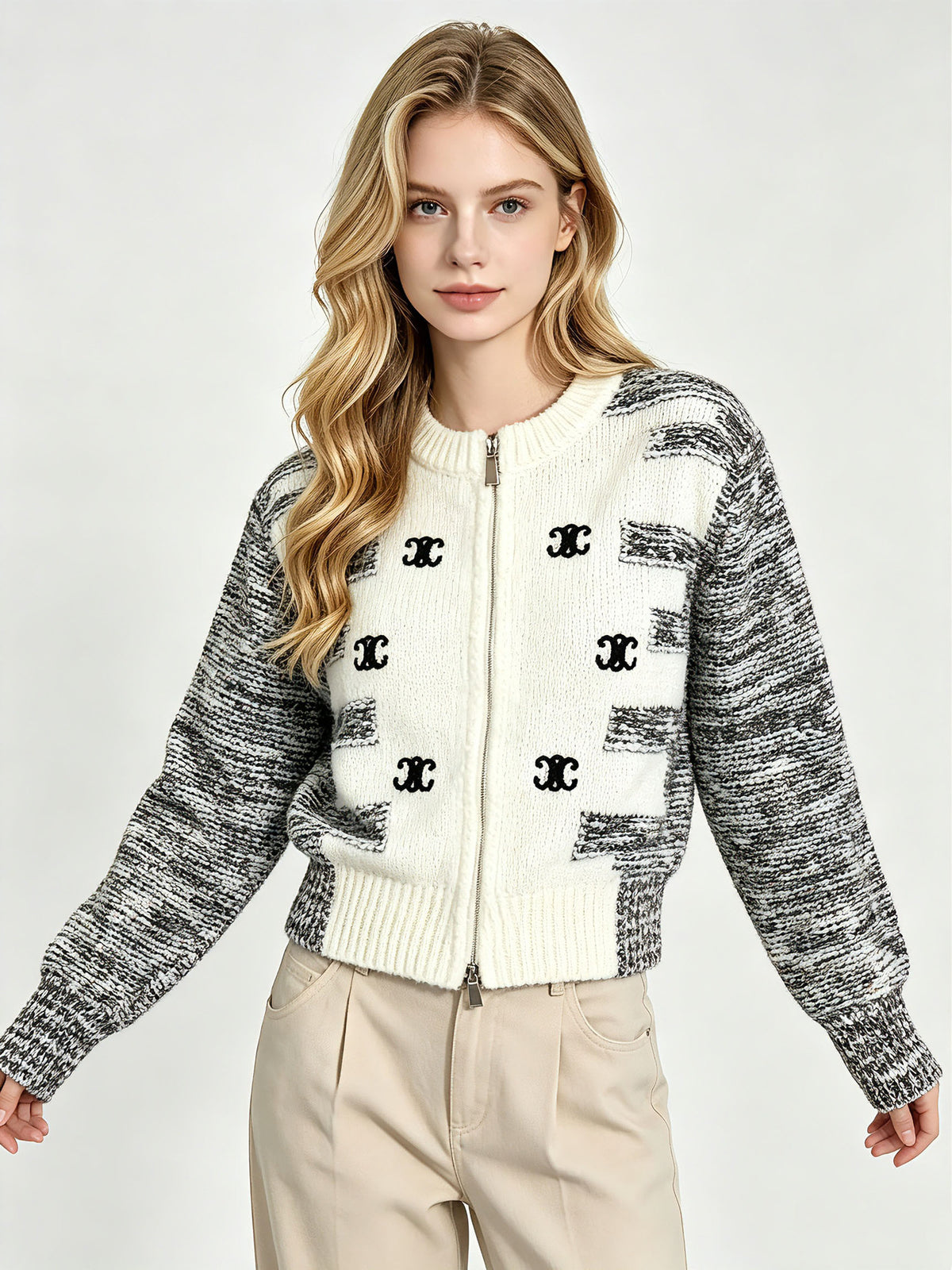 CE Embroidered Zip-Up Cardigan Sweater | Autumn Winter