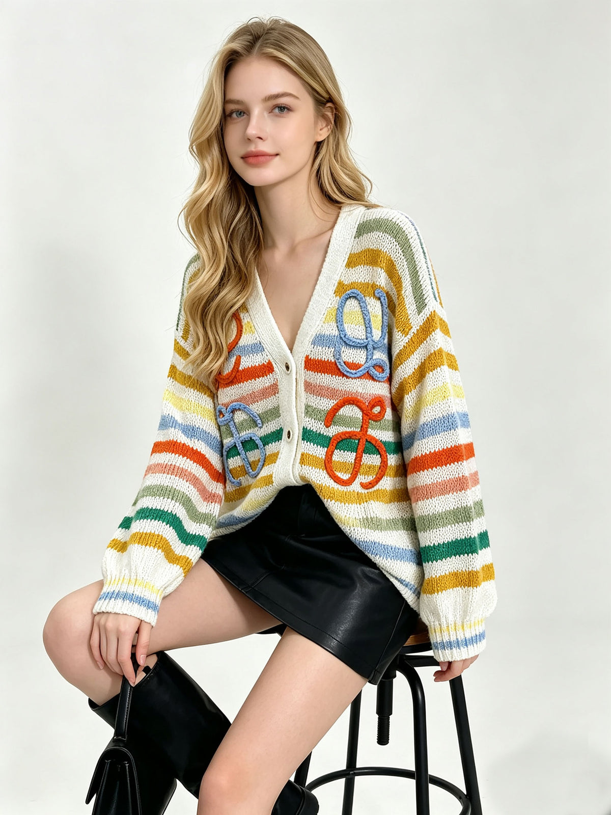 Women's openwork cardigan L | Stripes and V-neck