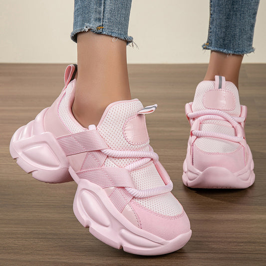 Zapatillas de cuero para mujer para papá, nueva altura de plataforma para mujer 2025, aumento de color sólido, salida de color sólido, suela de muffin con cordones y zapatillas deportivas casuales