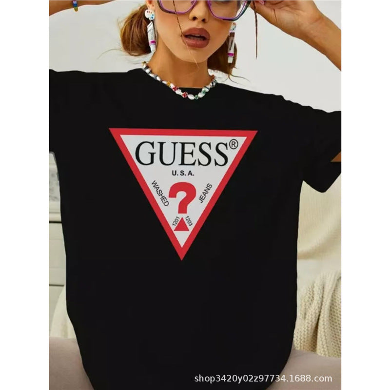 Camiseta de verano, camiseta de largo medio y de largo medio de estilo cross-fronterizo con un top de estilo transfronterizo, camiseta de verano, estampado perezoso de algodón puro, holgada para mujeres