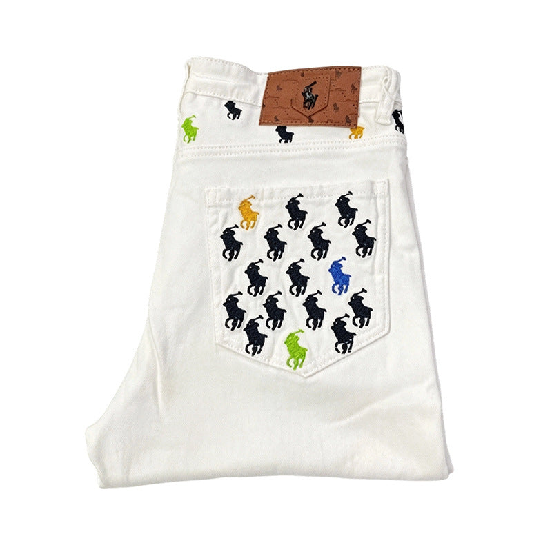 Jeans P.R.L. bianchi ricamati con cavallo unisex