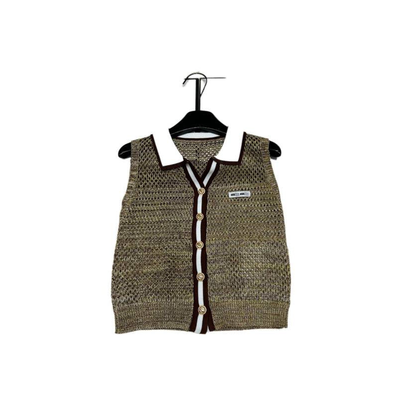 Camiseta sin mangas sin mangas de marca de punto de punto con botón de letra M con cuello hueco y bloqueados de color, camiseta versátil para mujer que slimeja, 26 novedades