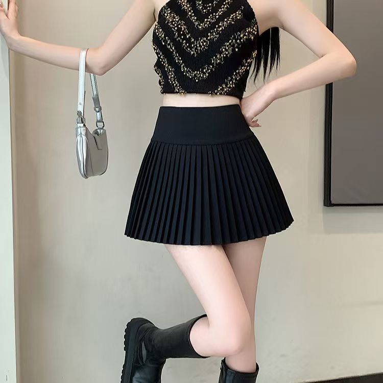 Jupe plissée courte pour femme, nouvelle jupe midi printemps/été, nouvelle jupe trapèze taille haute, amincissante, noir et blanc, anti-exposition