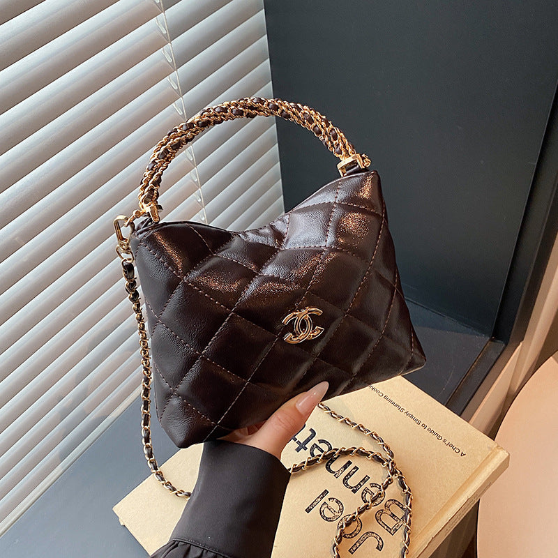 Nuevo bolso de cadena de diamante, bolso de asa torcida Xiangjia, bolso de mujer moderno, bandolera de un solo hombro, bolso de cubo vintage de cuero encerado