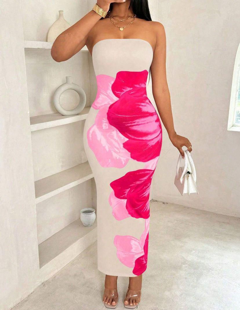 Vestido sin tirantes sin tirantes Shein de Amazon en comercio exterior exterior europeo y estadounidense 2025 con estampado sin mangas y abertura