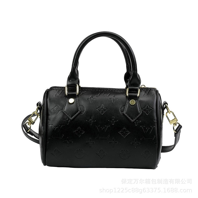 Bolso de almohada Boston con monograma en relieve con patrón de lichi para desplazamientos, bolso de mano portátil de gran capacidad, de un solo hombro y bandolera para mujer de un solo hombro