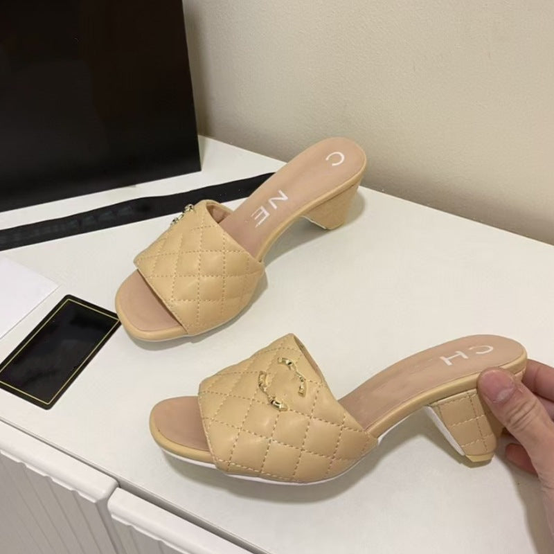 Zapatillas de tacón nuevas estilo Chanel de alta costura de alta costura, tacones altos en forma de diamante, tacones gruesos y zapatillas vintage de cuero genuino