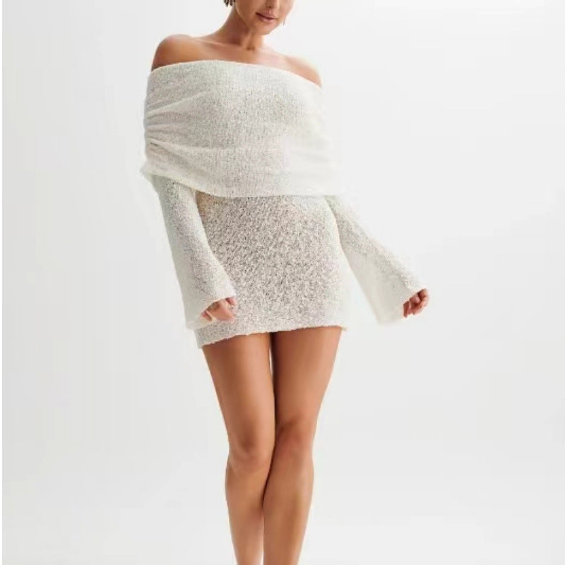Women's Spring Summer Knitted Dress Elegant Party Boat Neck Dress Infant Off Shoulder Bodycon Long Sleeve Fuzzy Short Club Chic Mini Dress envio-gratis