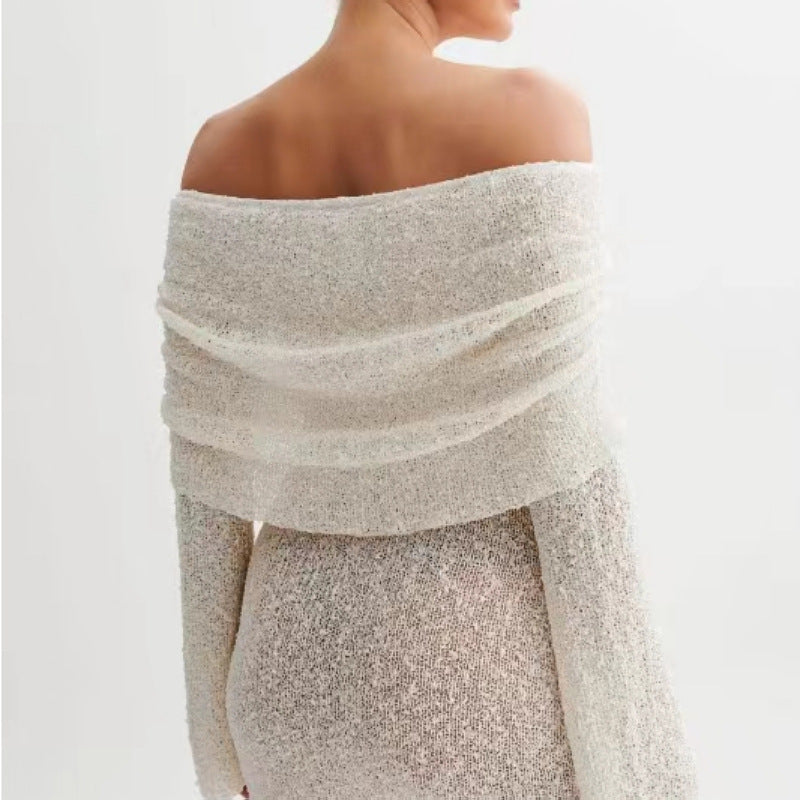 Women's Spring Summer Knitted Dress Elegant Party Boat Neck Dress Infant Off Shoulder Bodycon Long Sleeve Fuzzy Short Club Chic Mini Dress envio-gratis