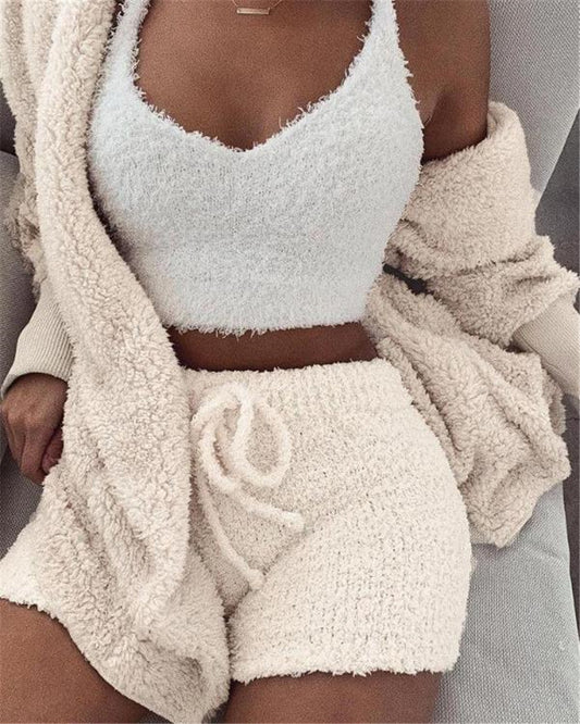 Conjunto Pijama 3 Piezas Mujer - Top, Camiseta y Shorts Terciopelo