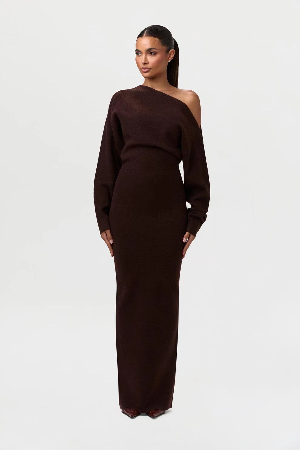 Vestido Largo Bodycon de Manga Larga con Hombros Descubiertos para Mujer – Envío Gratis