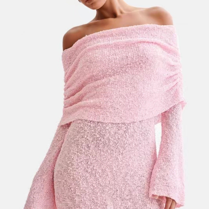 Women's Spring Summer Knitted Dress Elegant Party Boat Neck Dress Infant Off Shoulder Bodycon Long Sleeve Fuzzy Short Club Chic Mini Dress envio-gratis