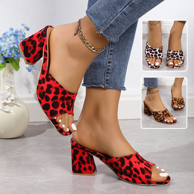 Sandalias Leopardo Tacón Chunky Mujer - Punta Cuadrada