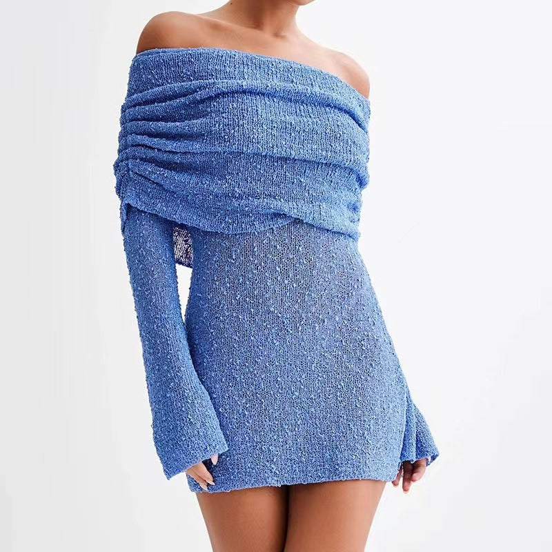 Women's Spring Summer Knitted Dress Elegant Party Boat Neck Dress Infant Off Shoulder Bodycon Long Sleeve Fuzzy Short Club Chic Mini Dress envio-gratis