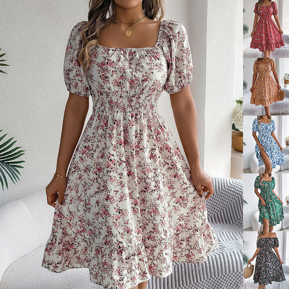 Vestido Floral Cuello Cuadrado Mujer - Volantes Verano