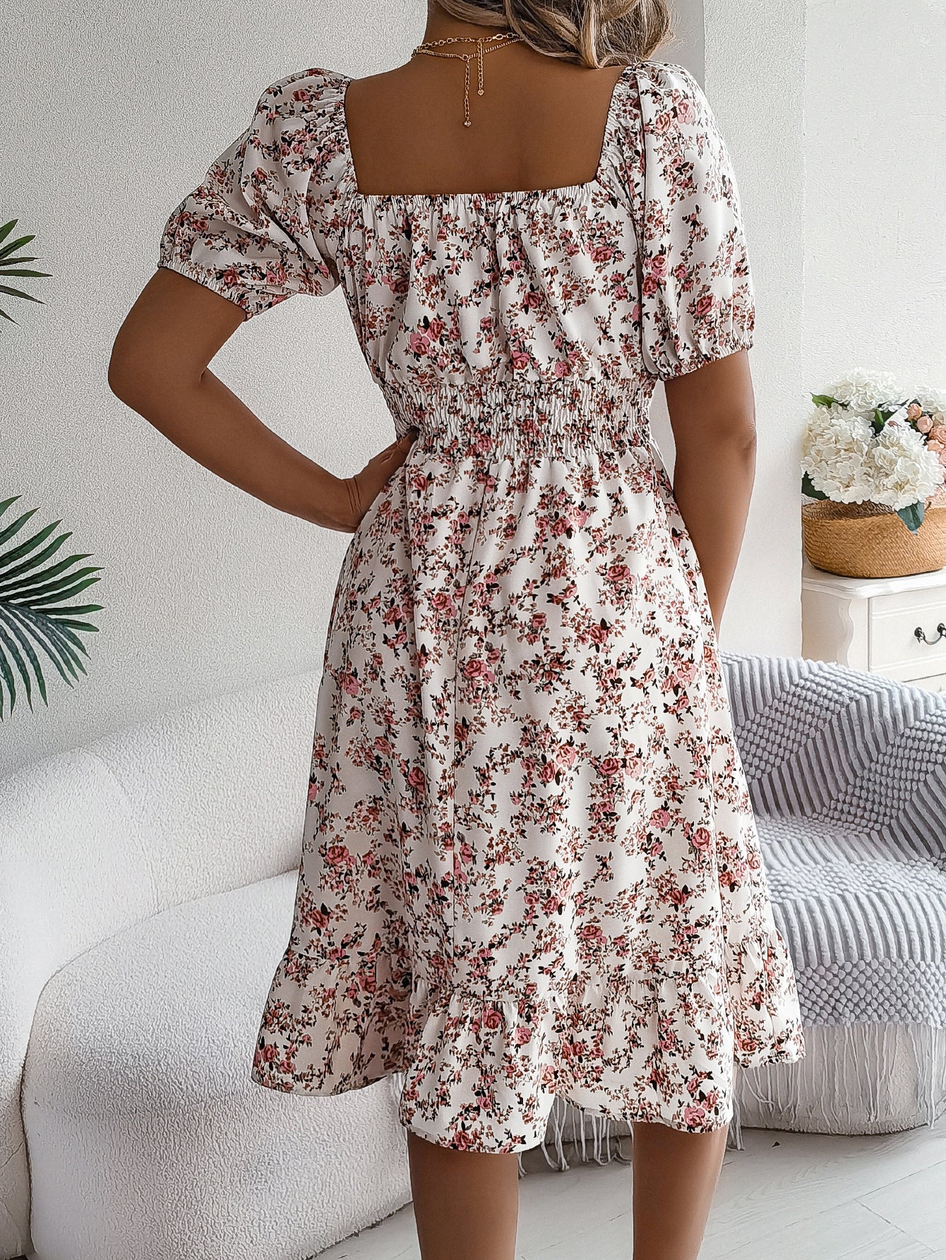 Vestido Floral Cuello Cuadrado Mujer - Volantes Verano