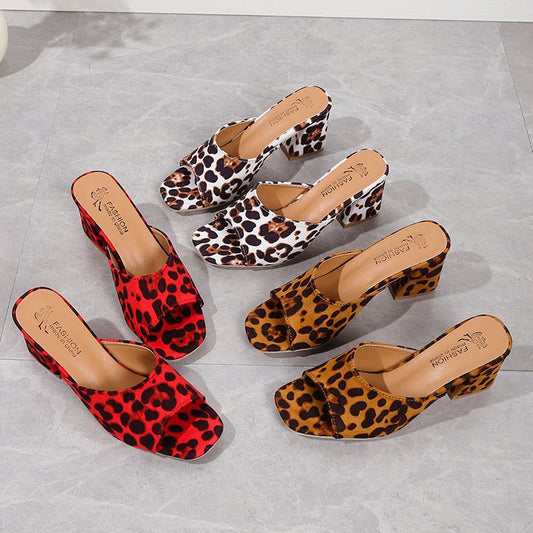 Sandalias Leopardo Tacón Chunky Mujer - Punta Cuadrada