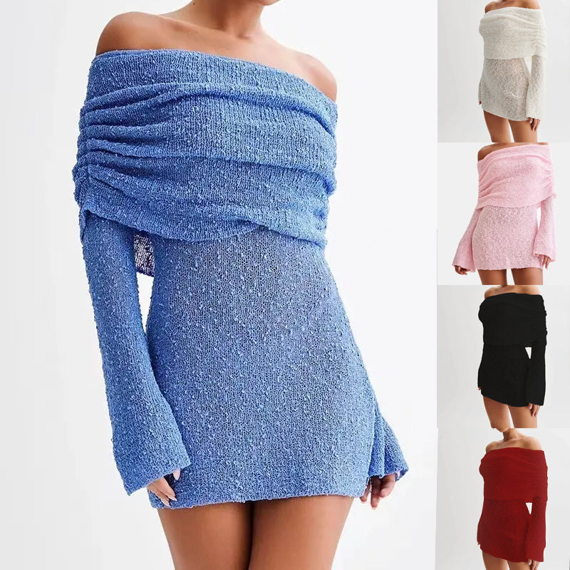 Women's Spring Summer Knitted Dress Elegant Party Boat Neck Dress Infant Off Shoulder Bodycon Long Sleeve Fuzzy Short Club Chic Mini Dress envio-gratis