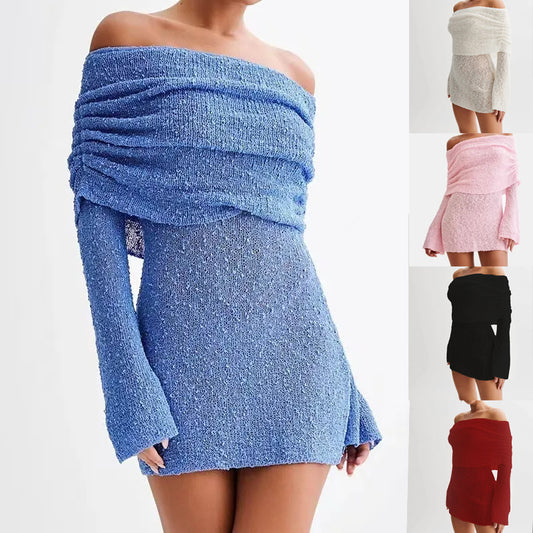 Women's Spring Summer Knitted Dress Elegant Party Boat Neck Dress Infant Off Shoulder Bodycon Long Sleeve Fuzzy Short Club Chic Mini Dress envio-gratis