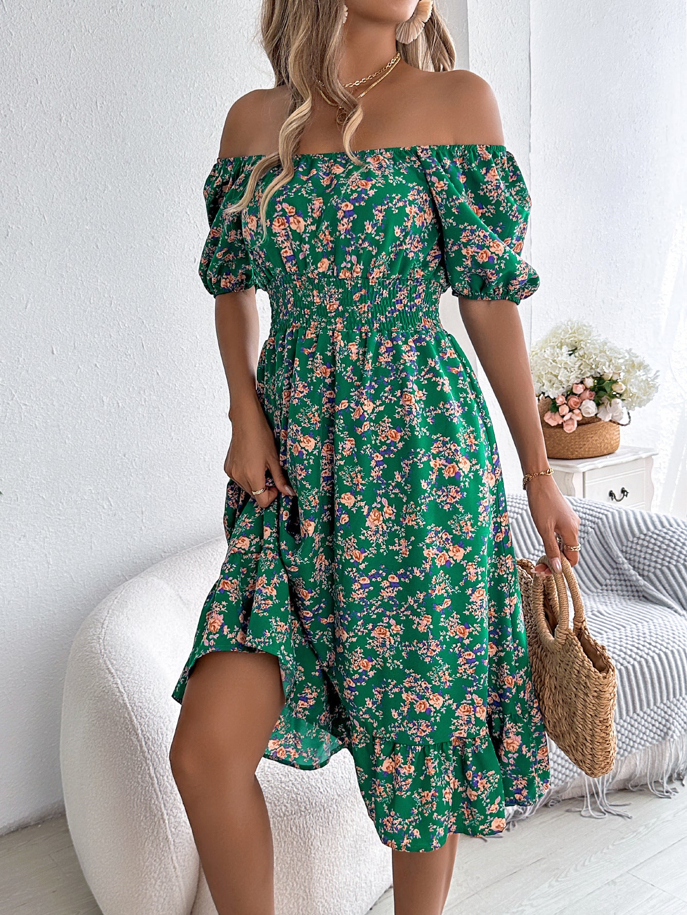 Vestido Floral Cuello Cuadrado Mujer - Volantes Verano