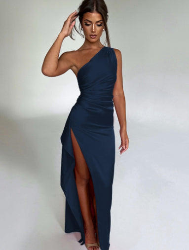 Sexy One-shoulder Backless Slit Dress Summer Elegant Slim-fit Solid Color Satin Dresses For Women envio-gratis