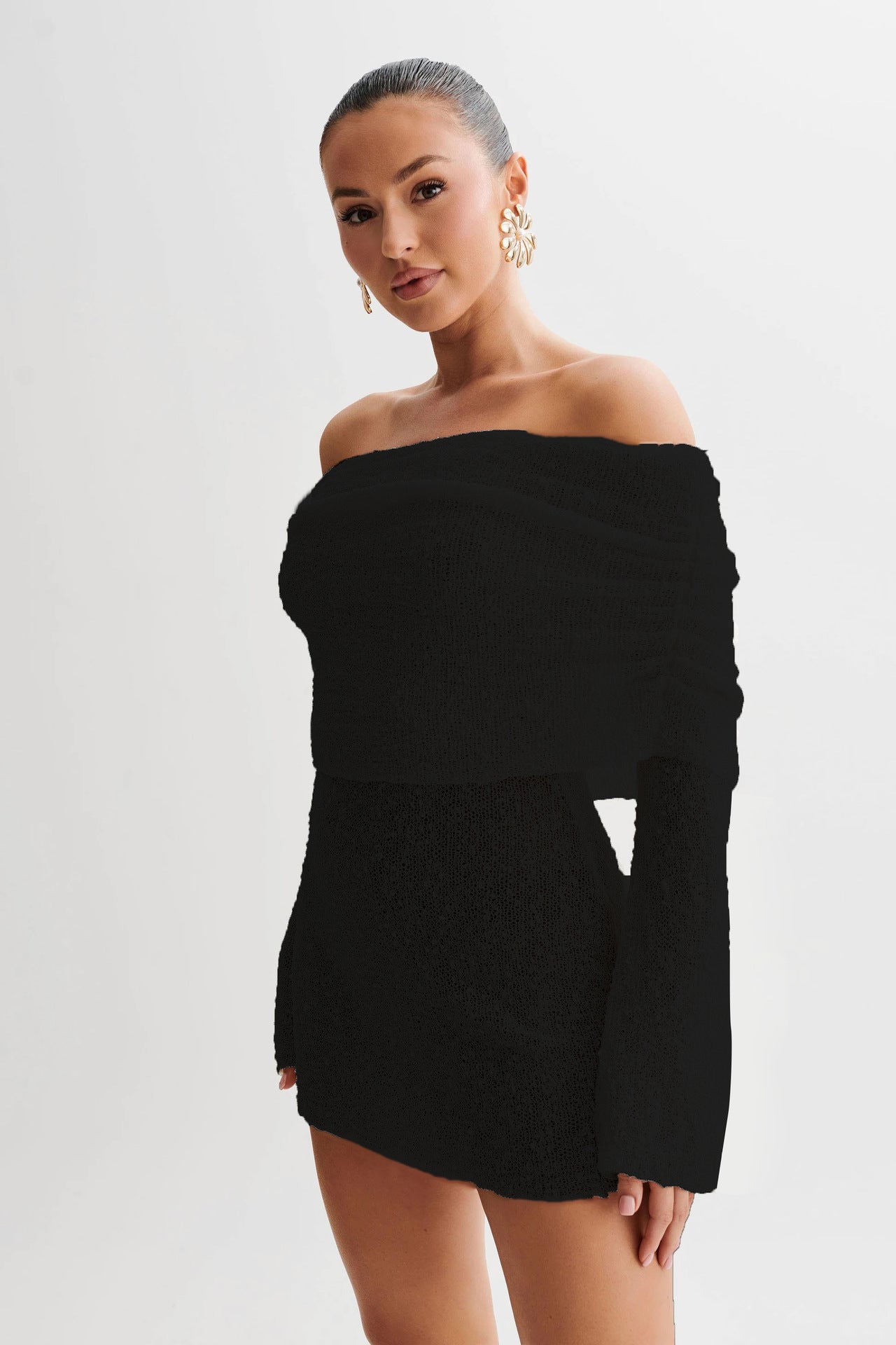 Women's Spring Summer Knitted Dress Elegant Party Boat Neck Dress Infant Off Shoulder Bodycon Long Sleeve Fuzzy Short Club Chic Mini Dress envio-gratis
