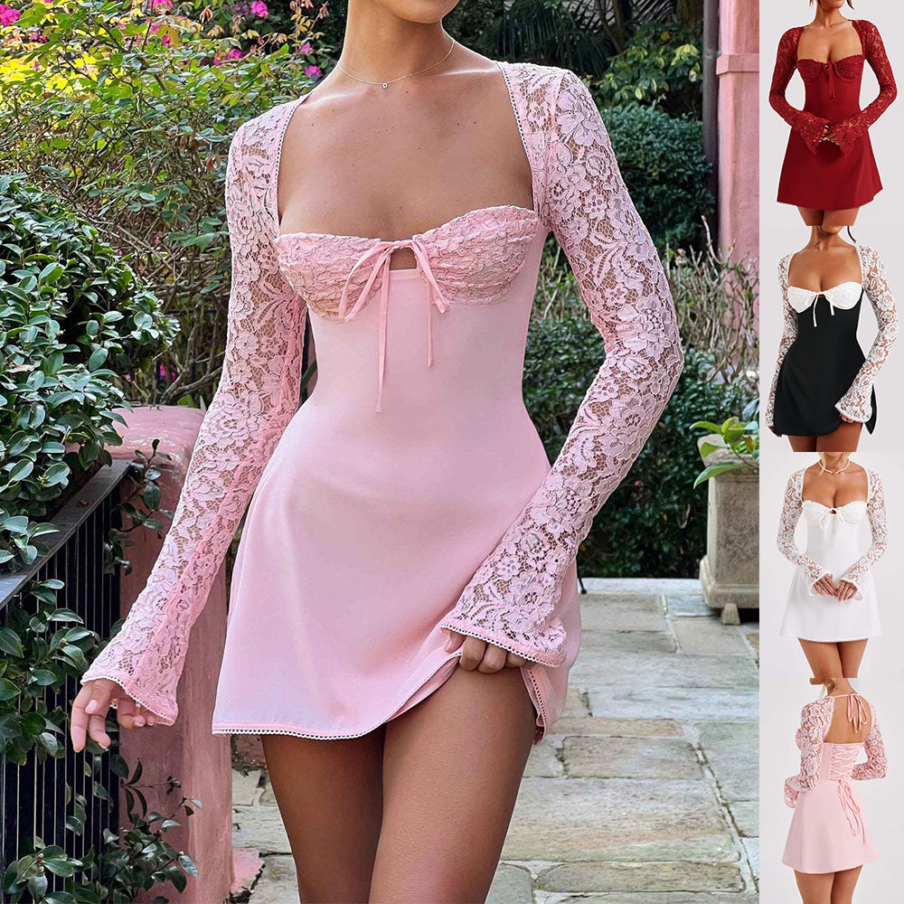 Y2K  Lace Long Sleeve Dress Fashion Sexy Corset Backless Lace Up Short Dresses Womens Clothing envio-gratis