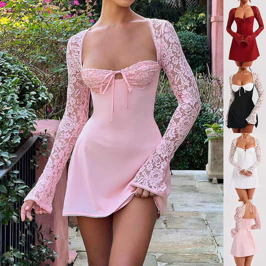 Y2K  Lace Long Sleeve Dress Fashion Sexy Corset Backless Lace Up Short Dresses Womens Clothing envio-gratis