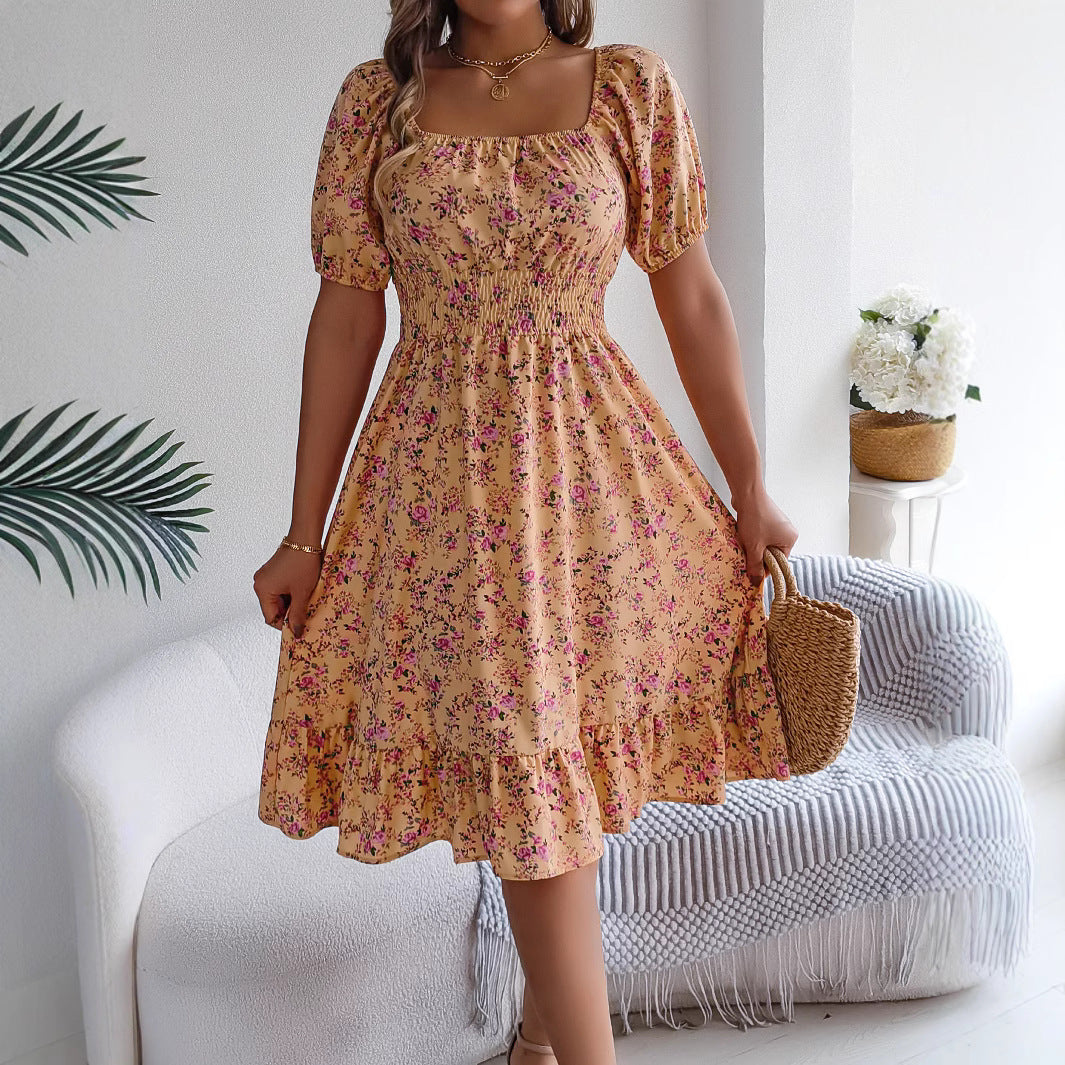 Vestido Floral Cuello Cuadrado Mujer - Volantes Verano