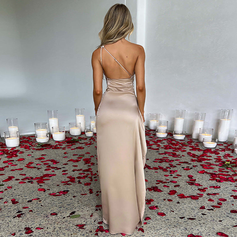 Sexy One-shoulder Backless Slit Dress Summer Elegant Slim-fit Solid Color Satin Dresses For Women envio-gratis
