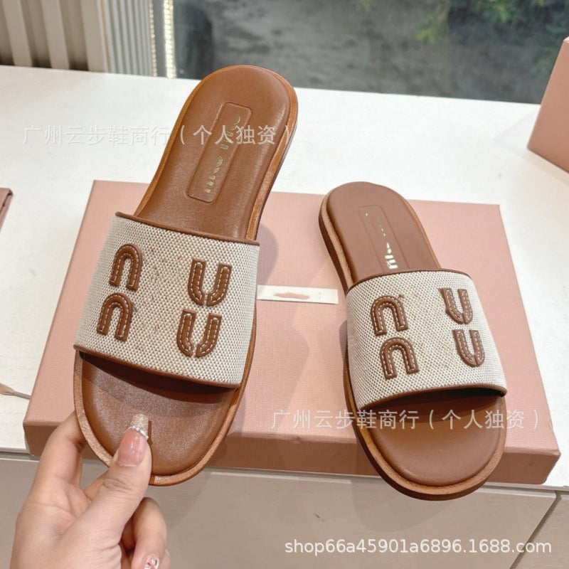 Zapatillas planas de lino tejido MU para mujer, sandalias antideslizantes off-line para verano, zapatillas de playa versátiles, envío inmediato de Pure Source