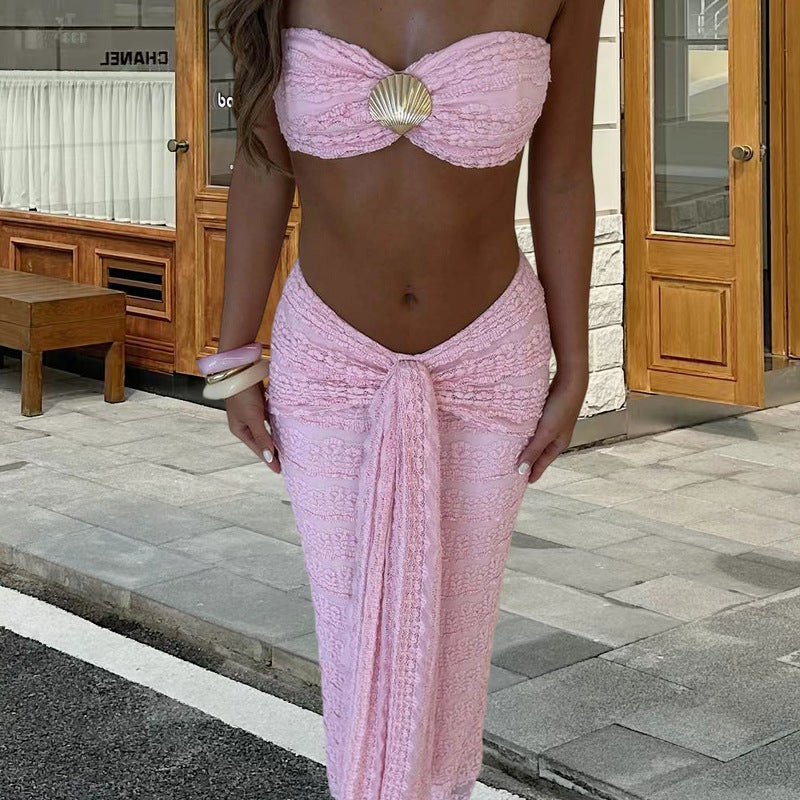 Conjunto de bikini de playa de playa de comercio exterior europeo y americano, falda midi sexy de playa de color sólido, 2025