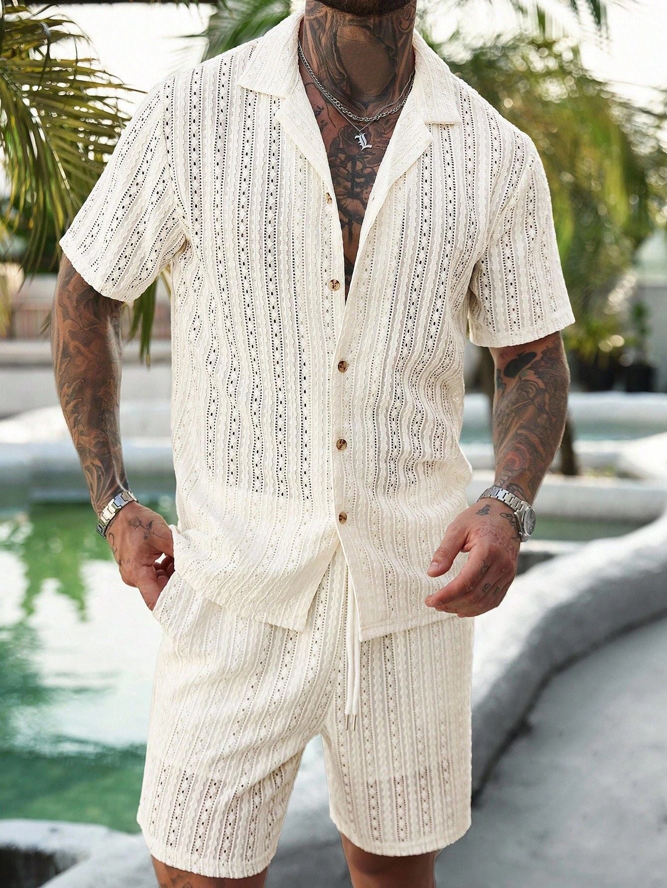 Nuevo cárdigan casual TK 2026 para hombre, camisa de verano de manga corta, pantalones cortos con cordón, ropa masculina de dos piezas