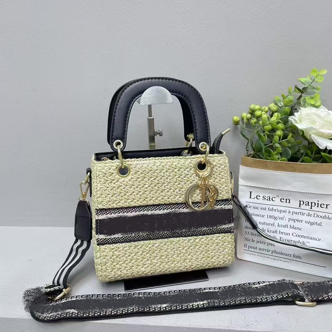Women's Woven Straw Summer Handbag | Small Square Crossbody with Wide Strap | No Box