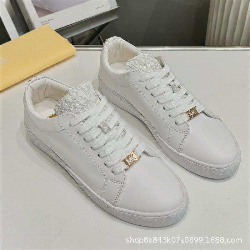 2024MK moda nuevas zapatillas blancas de mujer, piel de becerro, hebilla metálica con cordones, zapatillas de escalada, tendencia zapatillas de correr