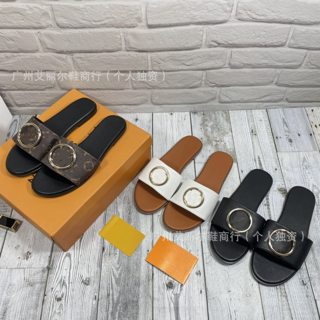 Exclusivo para el comercio exterior, zapatillas de marca L, monogramas de alta calidad, letras con hebilla de goma, zapatos de mujer, zapatillas planas al por mayor