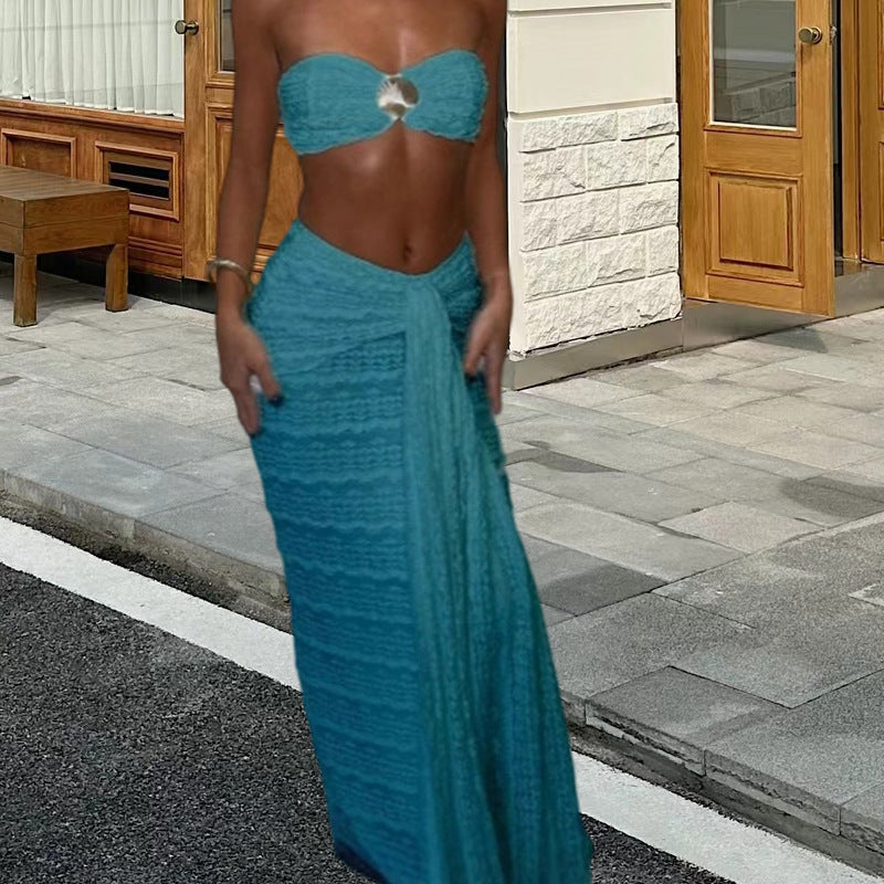 Conjunto de bikini de playa de playa de comercio exterior europeo y americano, falda midi sexy de playa de color sólido, 2025