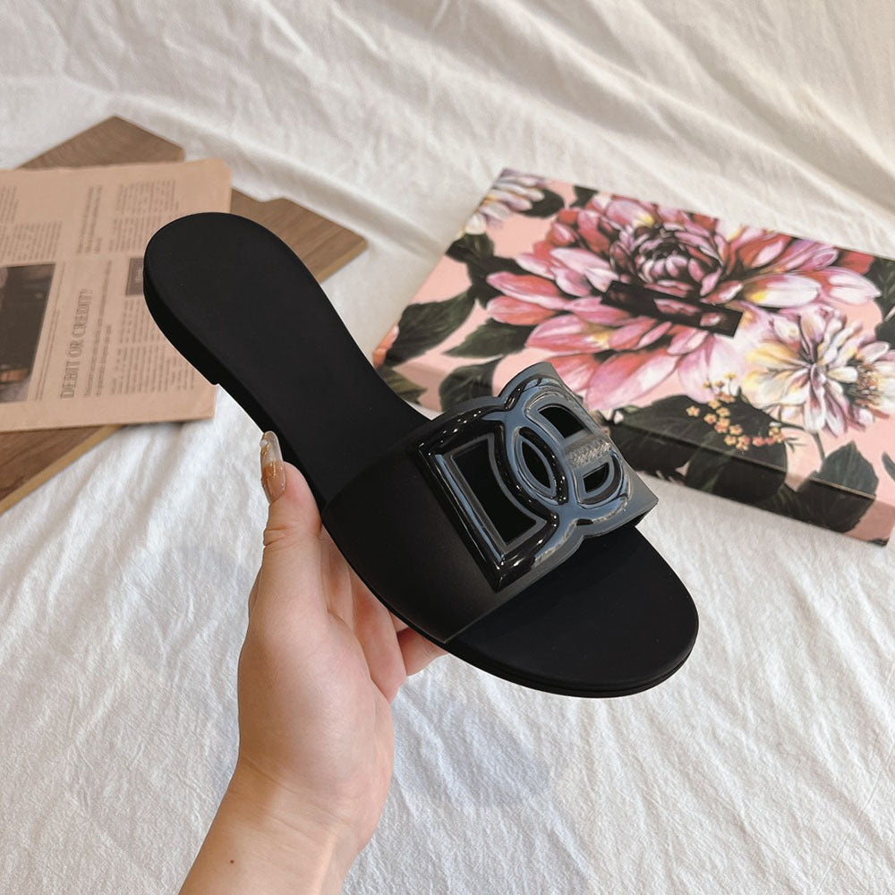 25 sandalias europeas y americanas D New G para mujer casual casual off-line, zapatillas anti-fruta de gelatina, zapatillas planas antideslizantes de playa