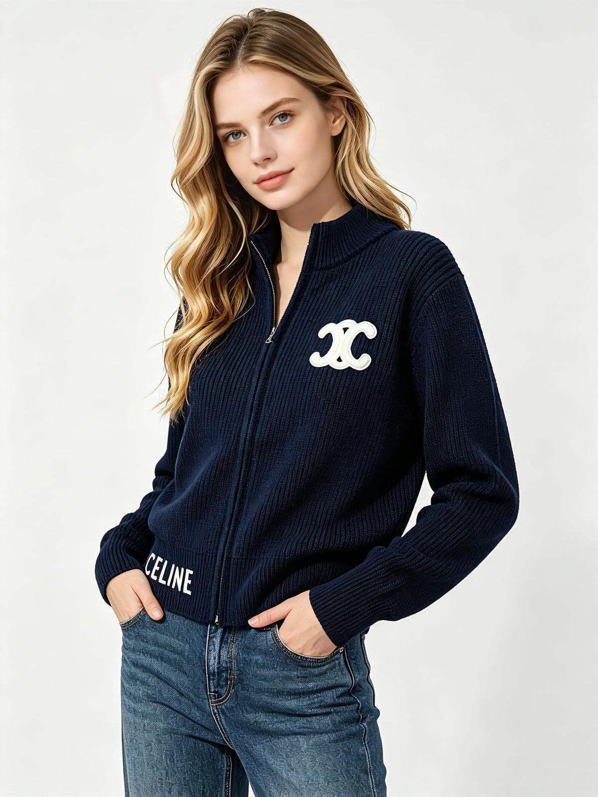 Women's embroidered cardigan CE | Zipper and high neck