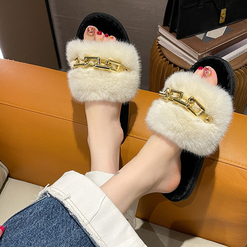 Zapatillas de piel nuevas para otoño e invierno transfronterizas, zapatillas de piel nuevas, moda femenina, cálida y gran cadena, zapatillas de tacón plano, tacón plano, comercio exterior