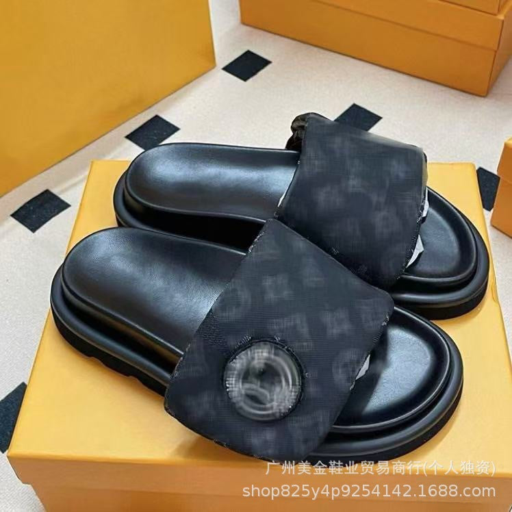 Zapatillas de Velcro de suela gruesa Donkey Home para mujer, 2025 Nuevas zapatillas antideslizantes de denim con letras antideslizantes para exportación