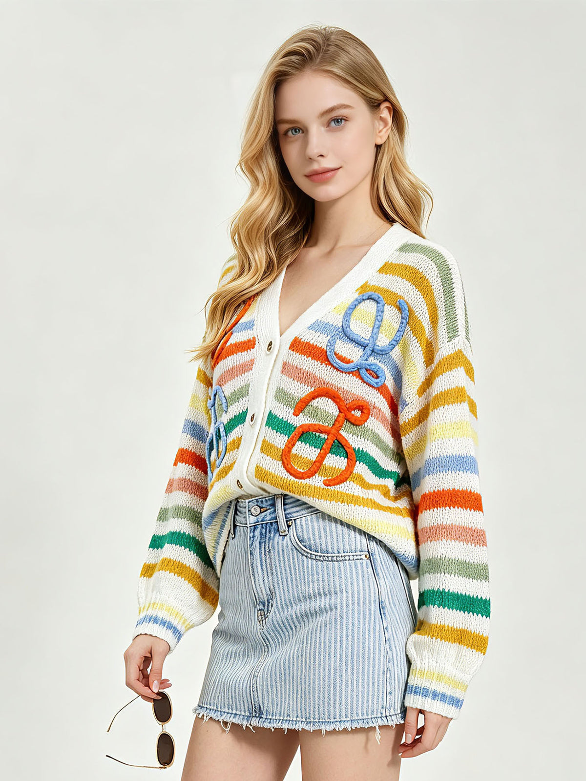 Women's openwork cardigan L | Stripes and V-neck