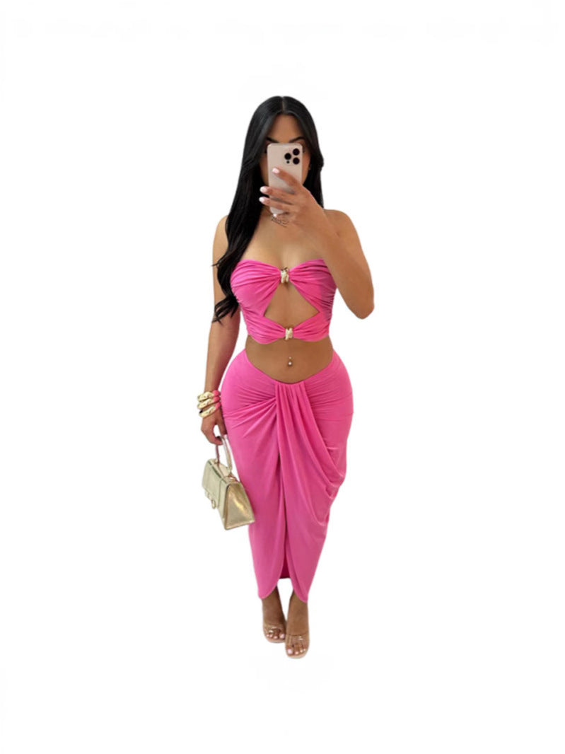 M-6201 Conjunto de vestido veraniego sexy de color sólido de Amazon